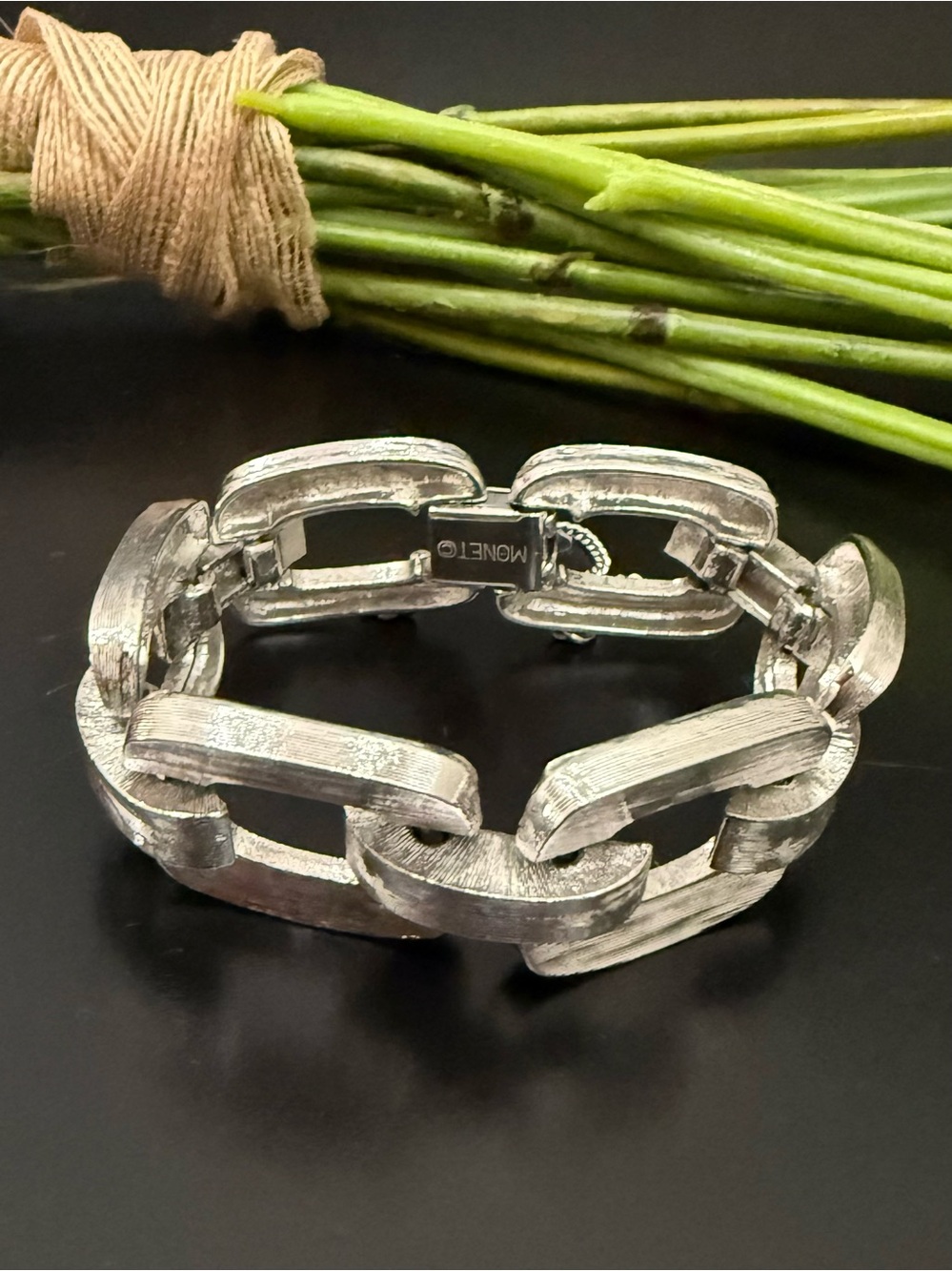 Vintage MONET Textured Silver-tone Chunky Chain Link Bracelet